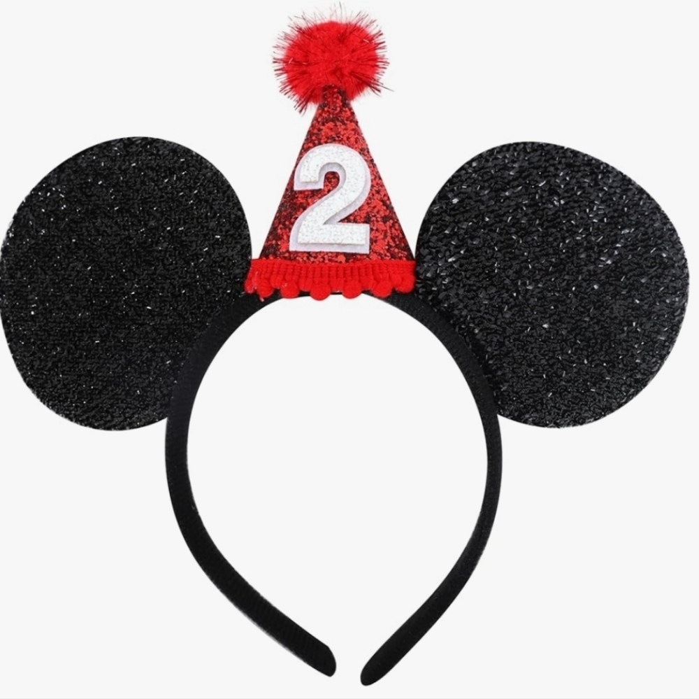 🆕️ Black Glitter Mouse Ears Headband with Red Party Hat #2